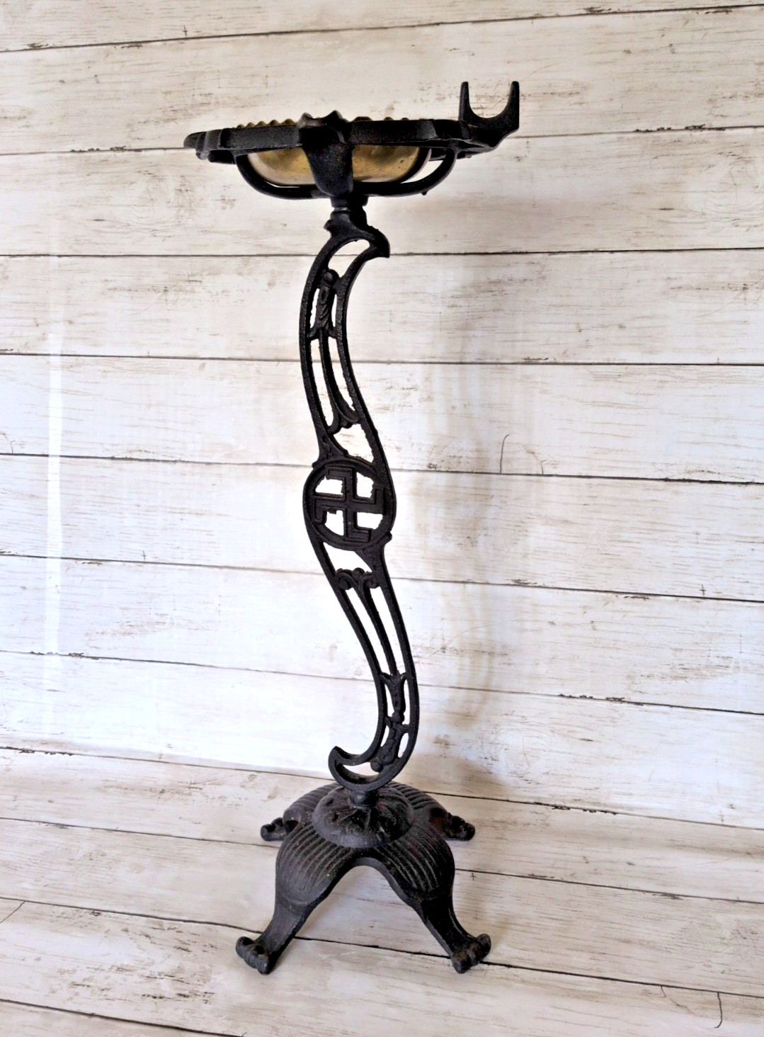 Vintage 1920s Cast Iron Smoking Stand As-Is American Good Luck Design Motif