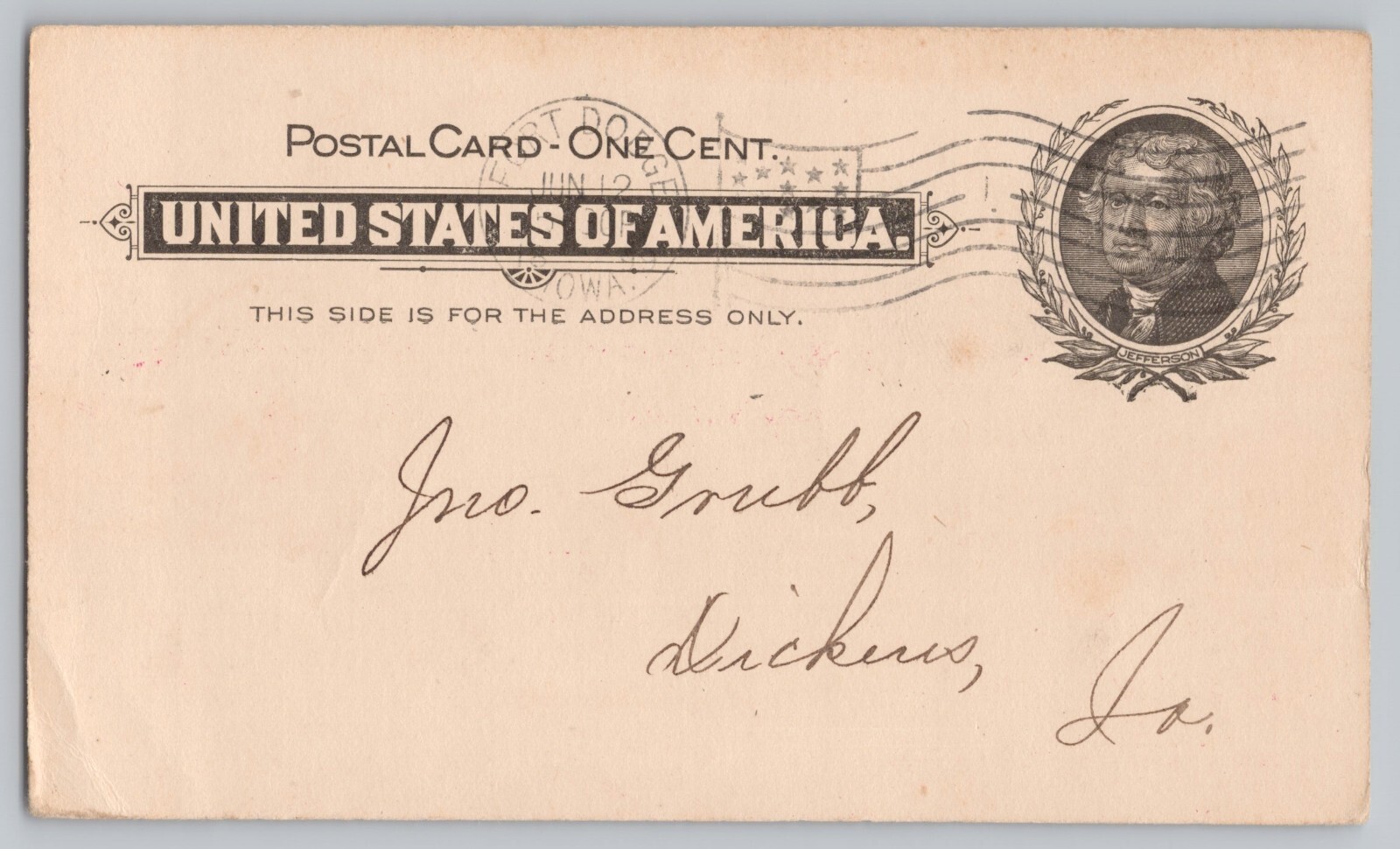 Postal Card 1899 Remittance of $4 from Grubb Dickson Iowa to Haley & Co. Z1094