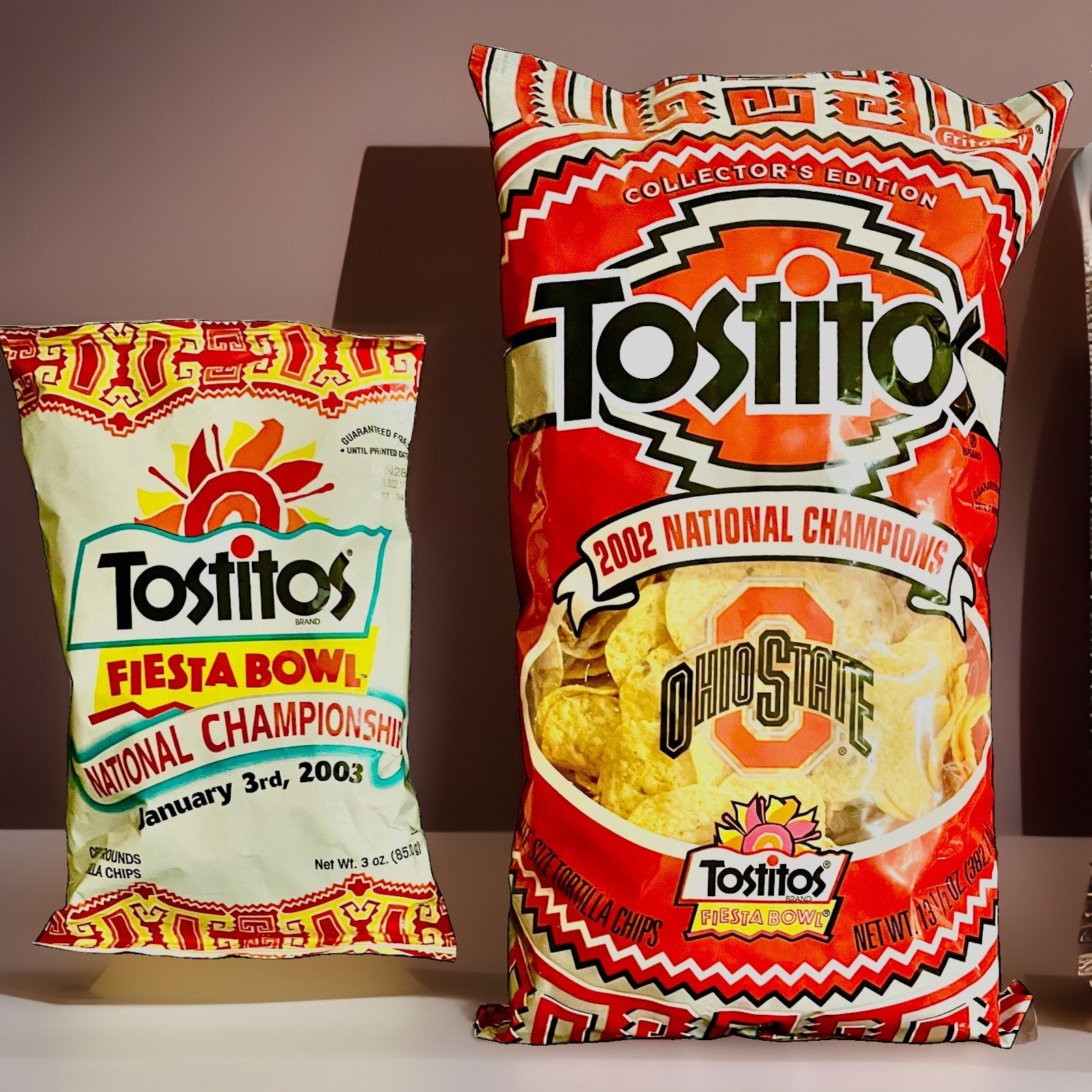Vtg 2003 Fiesta Bowl and 2002 Ohio Tostitos Chip Bags Frito Lay Full, Unopened