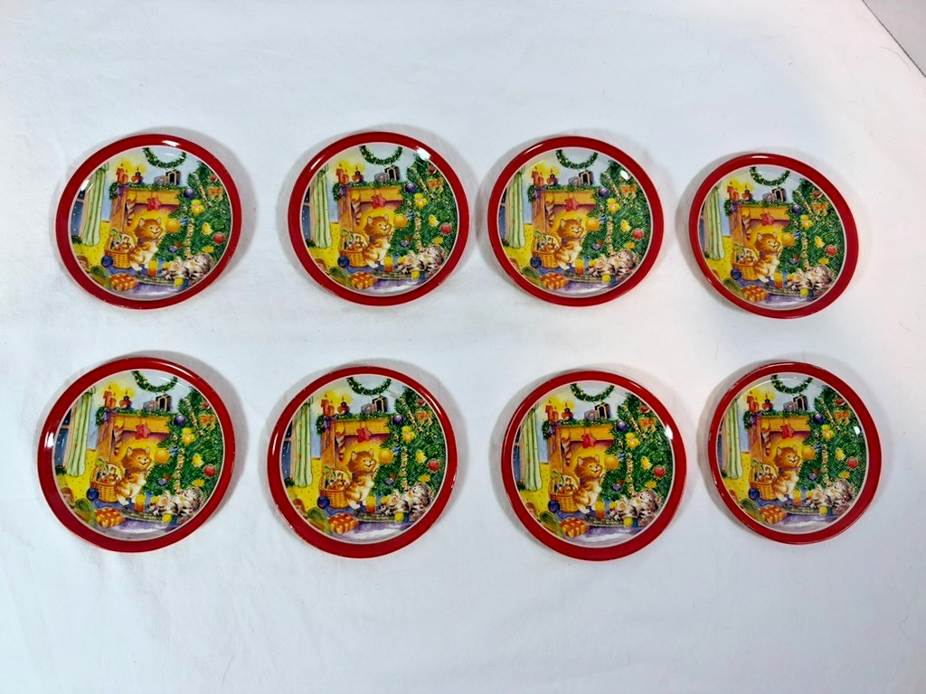 Vintage Christmas Metal Tin Coasters Set of 8 Holiday Cat Kitten Fireplace Red