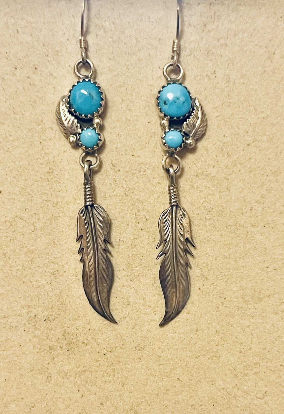 VTG NATIVE AMERICAN NAVAJO STERLING SILVER TURQUOISE DANGLE FEATHER EARRINGS 