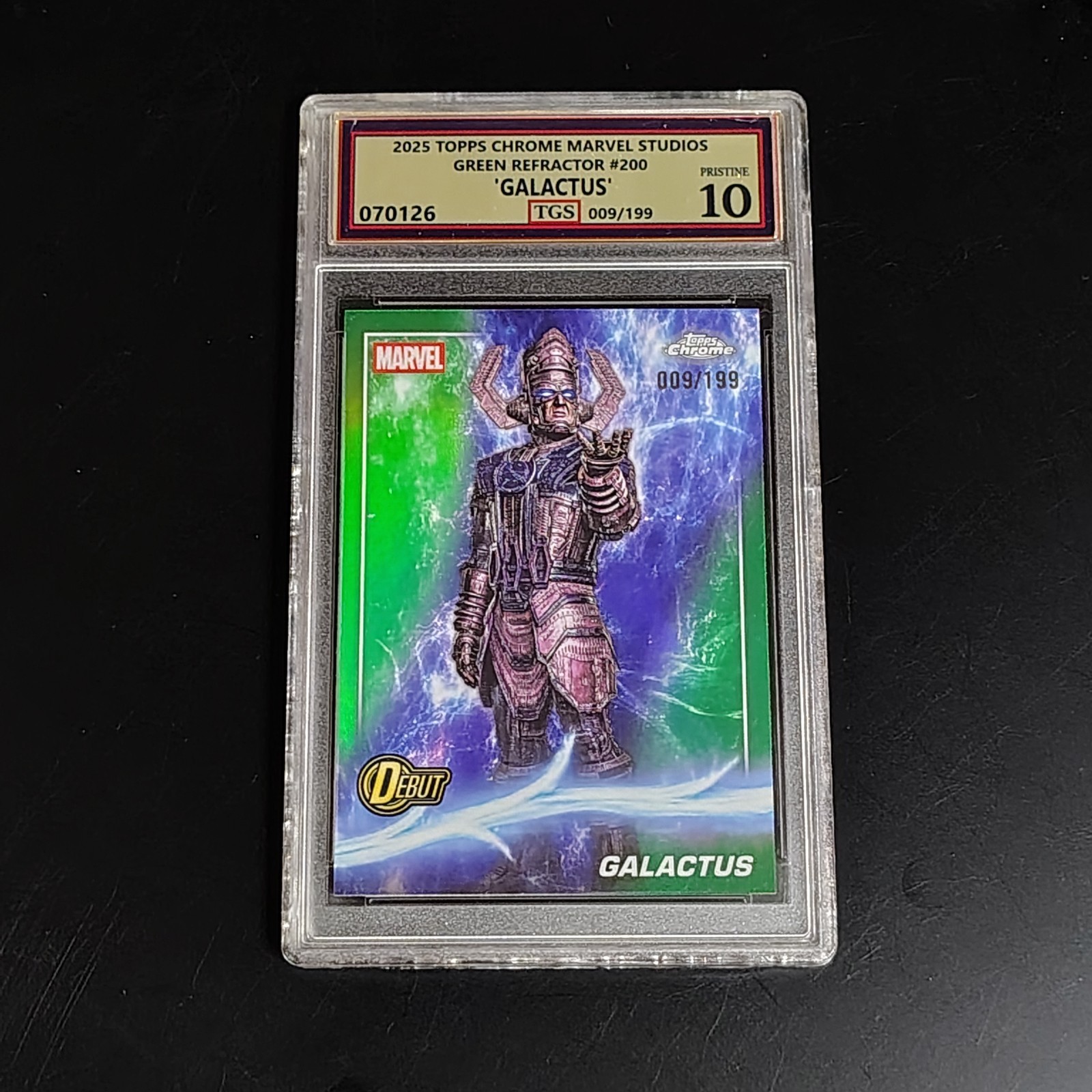 2025 Topps Chrome Marvel Studios Galactus Green Refractor DEBUT #009/199 TGS 10