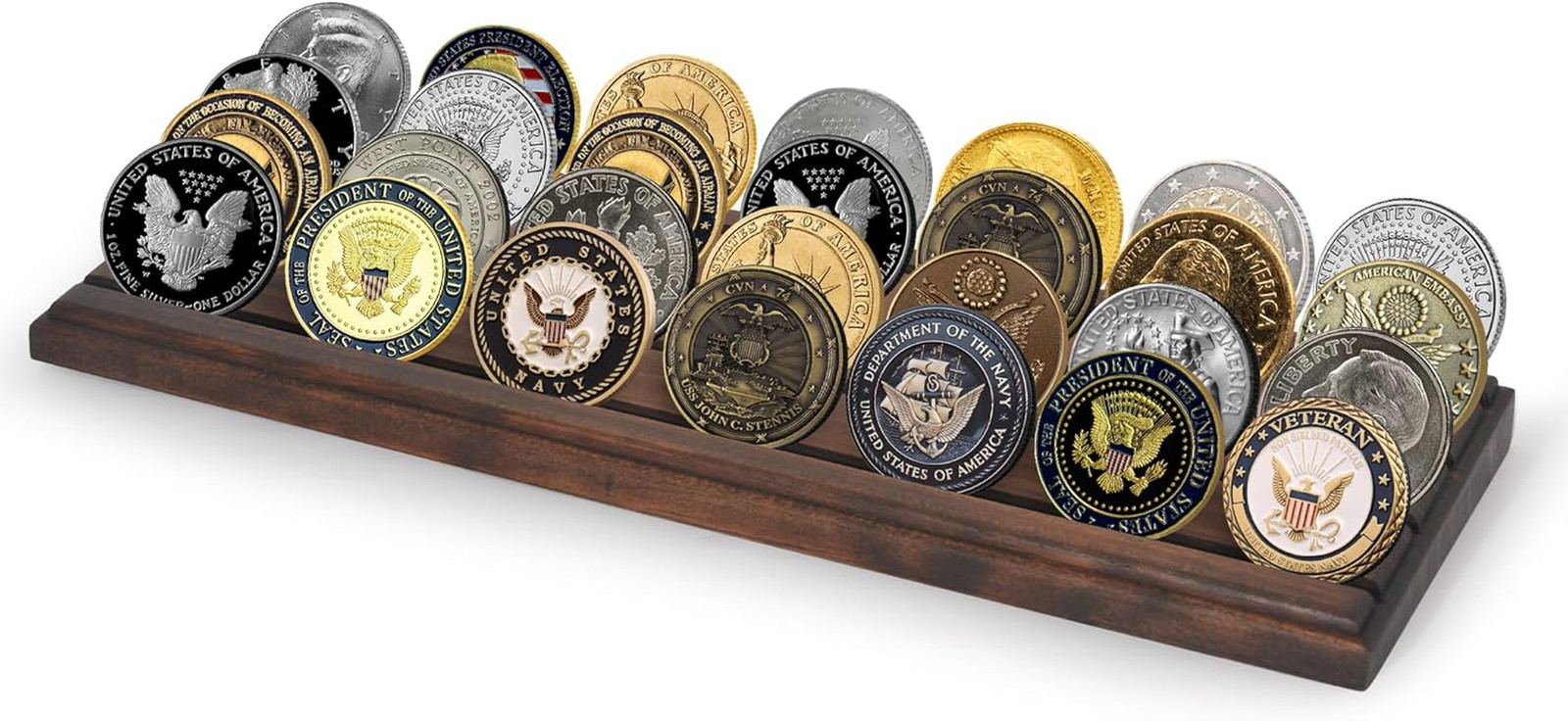 12X4 Challenge Coin Display with 4 Rows in Walnut - Military Coin Display Stand