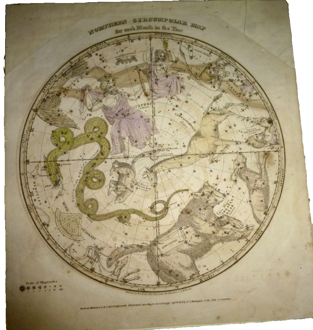 ANTIQUE NORTHERN CIRCUMPOLAR MAP STARS CEPHEUS PERSESUS BY ELIJAH BURRITT 1835