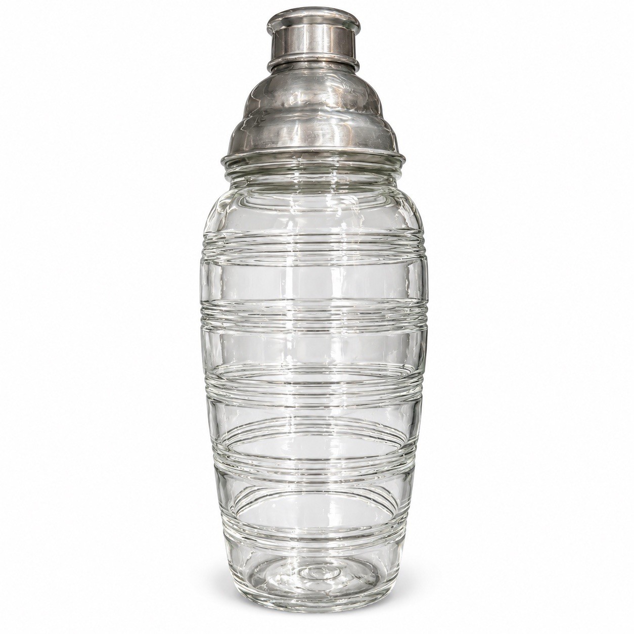 Vintage Ribbed Art Deco Glass Cocktail Shaker with Aluminum Strainer and Top