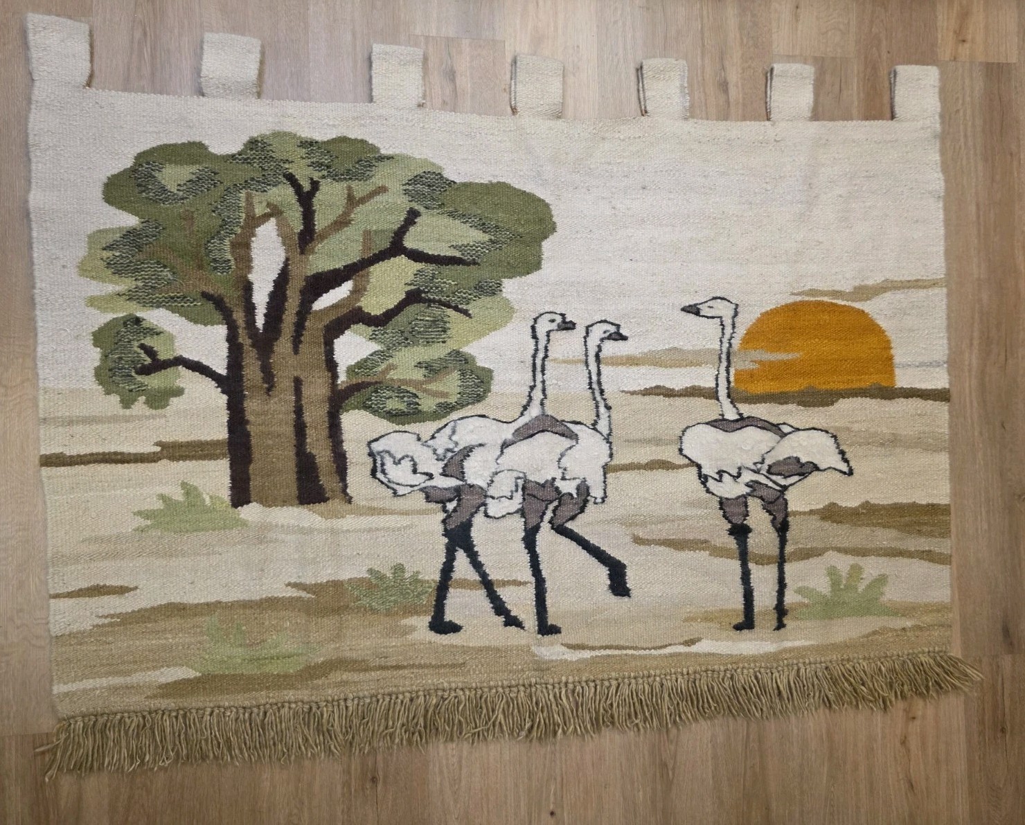 Large Vintage Handwoven African Tapestry Ostriche Sunset Wool Wall Hanging 67x50