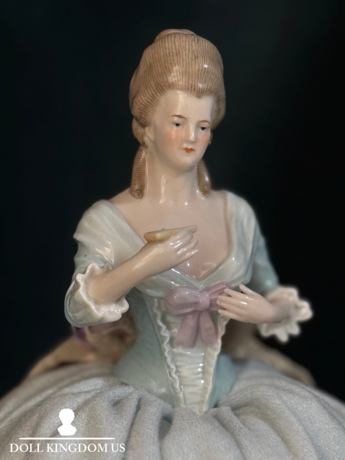 Large Antique German Porcelain 12” Half Doll Pin Cushion Marie Antoinette Style