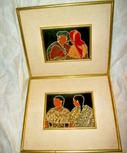 Vintage Ethnic Abstract Art Faceless Women Mid Century Signed Alan Sang 1984