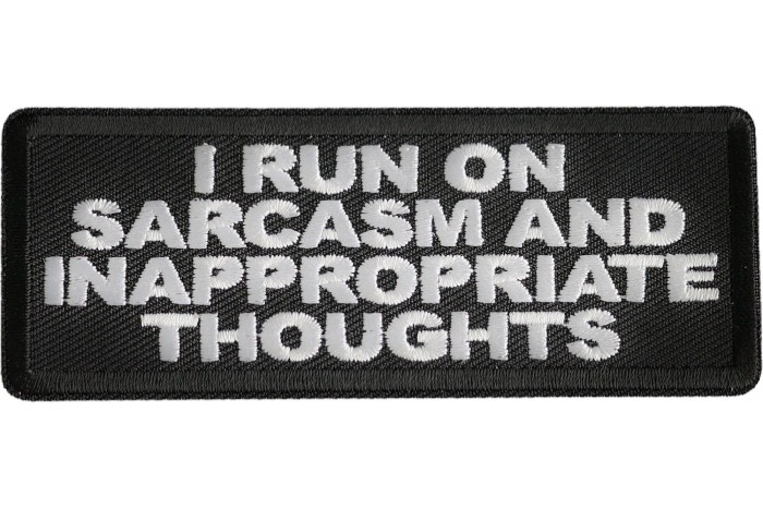 I RUN ON SARCASM AND INAPPROPRIATE THOUGHTS EMBROIDERED IRON ON PATCH