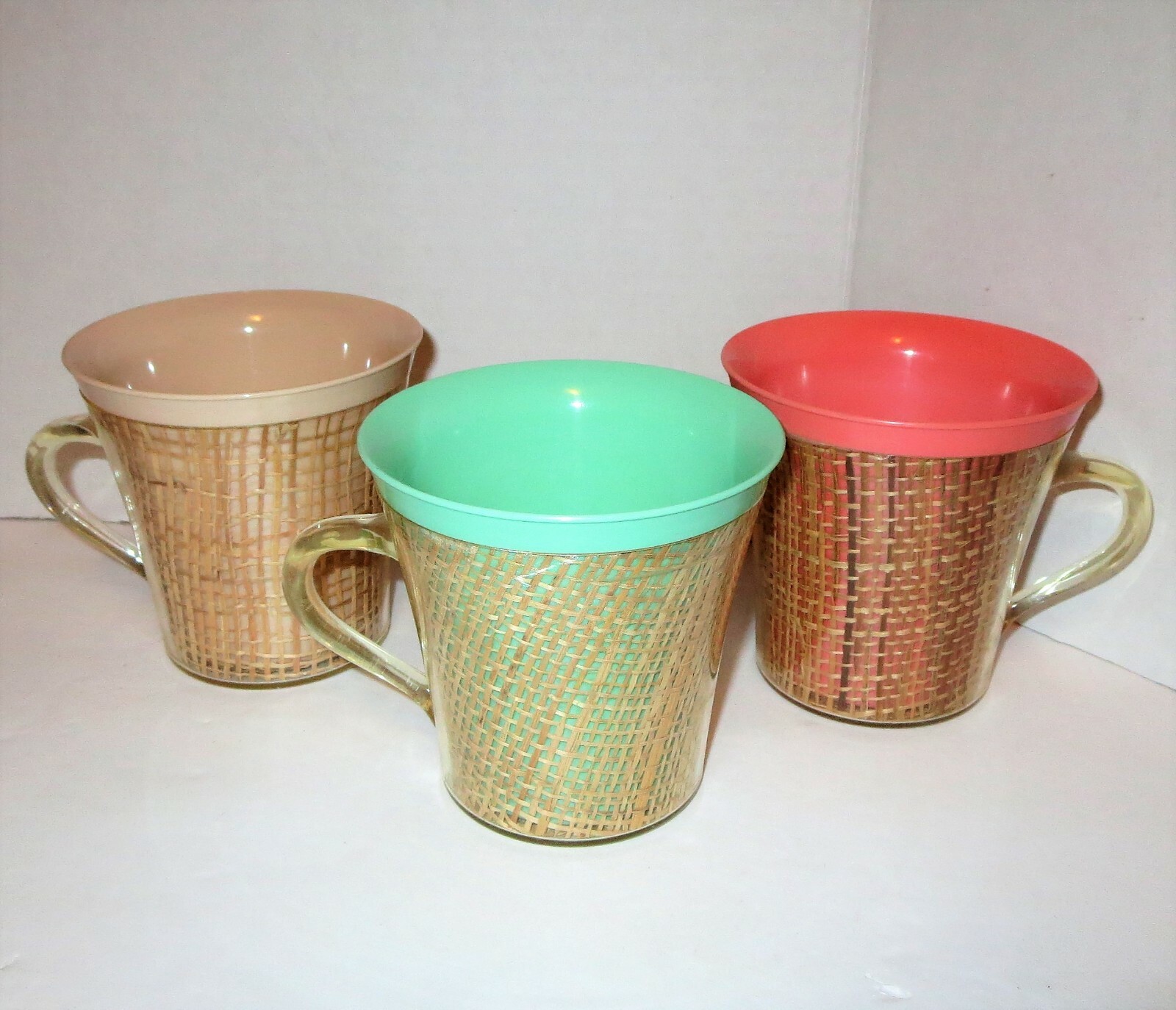 Vintage MCM Raffiaware Thermo-Temp Cups Mugs Plastic Raffia Weave Insulated Tiki