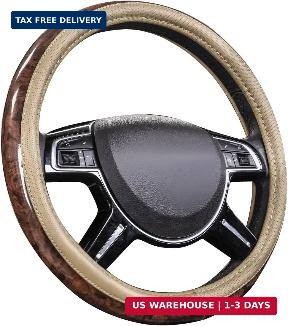 CAR PASS Wood Grain 14.5-15 inch Microfiber Leather Steering Wheel Cover, Anti-S