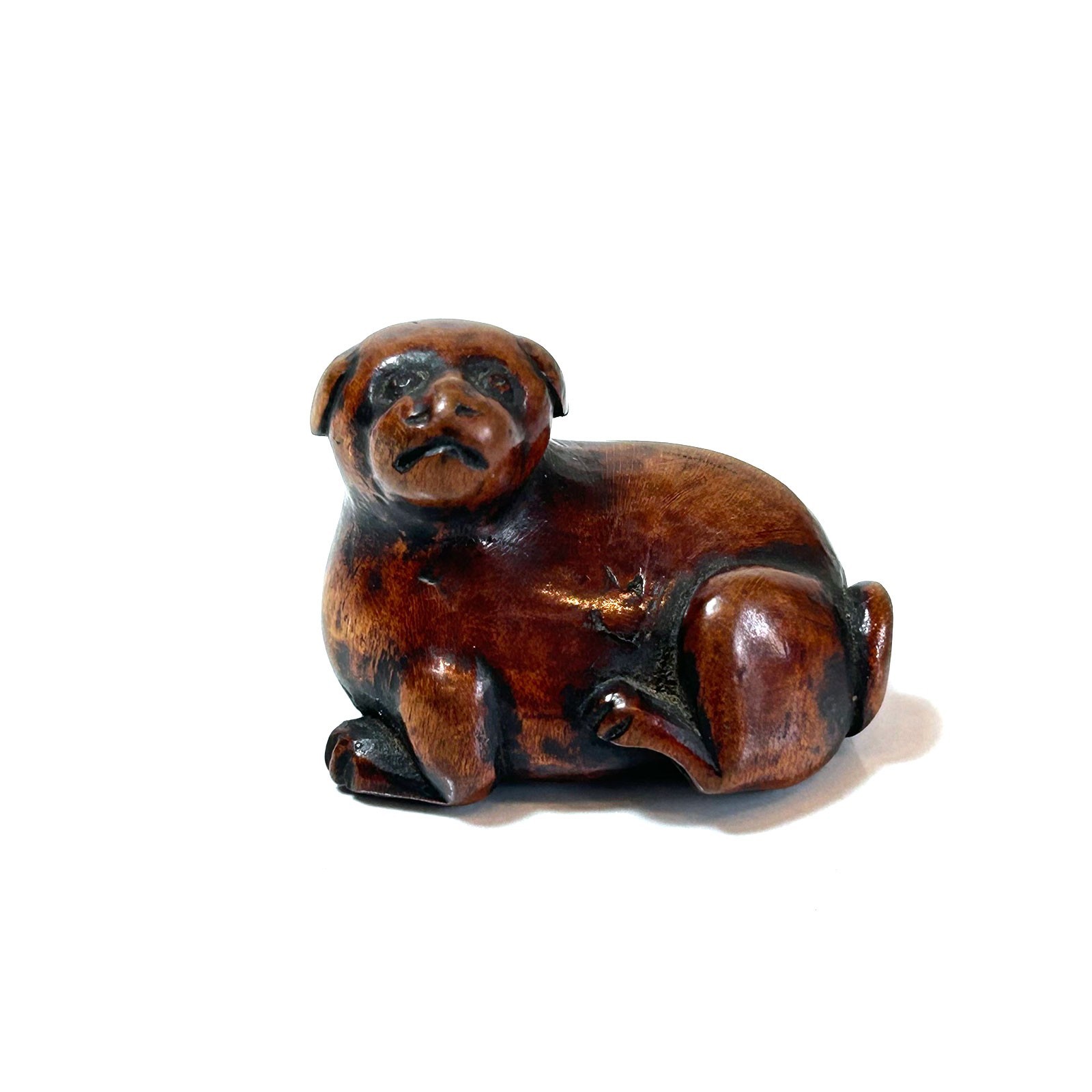 Japanese Antique Wood Netsuke Puppy Dog Foo Dog Carving Meiji Taisho Period
