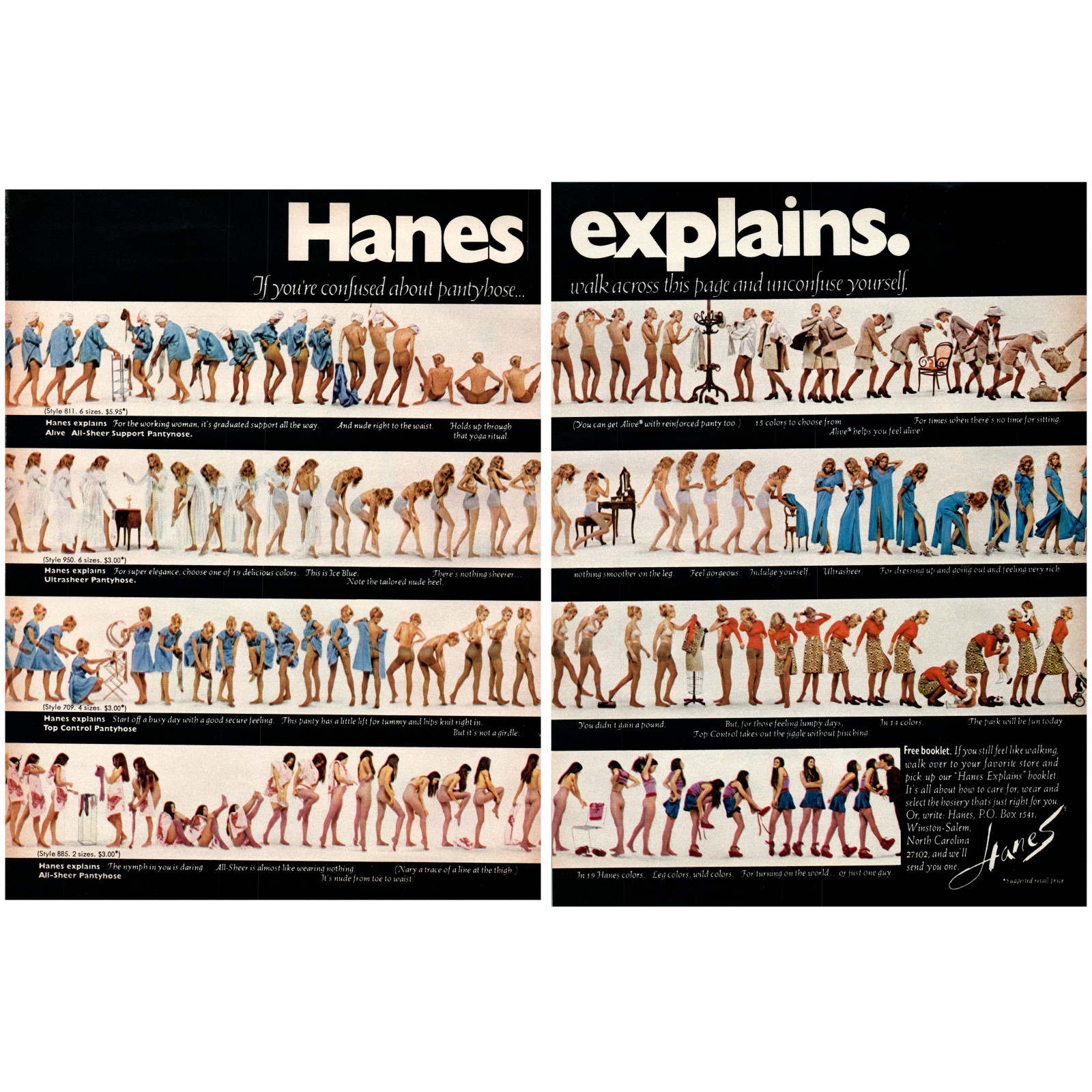 1972 PRINT AD Hanes Pantyhose Explains 70's Women Dressing Undressing Long Legs