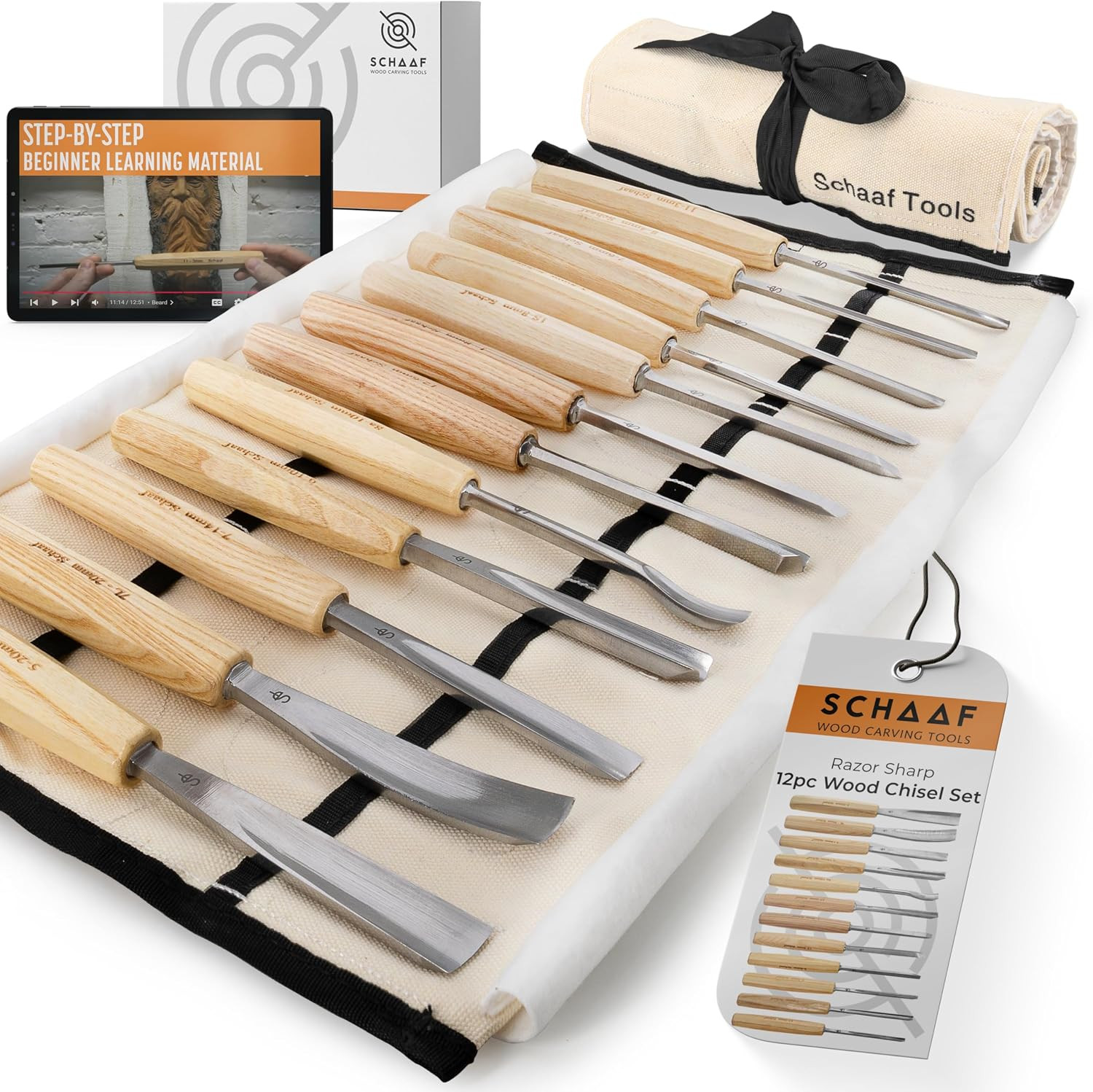 12-Pc Wood Chisel Set with Gouges, Cr-V 60 Steel