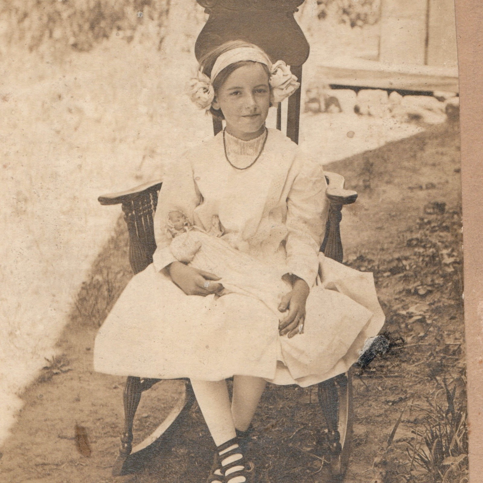 c1910s Girl in Rocking Chair Doll Striped Stockings Outdoor Mounted Photo 9