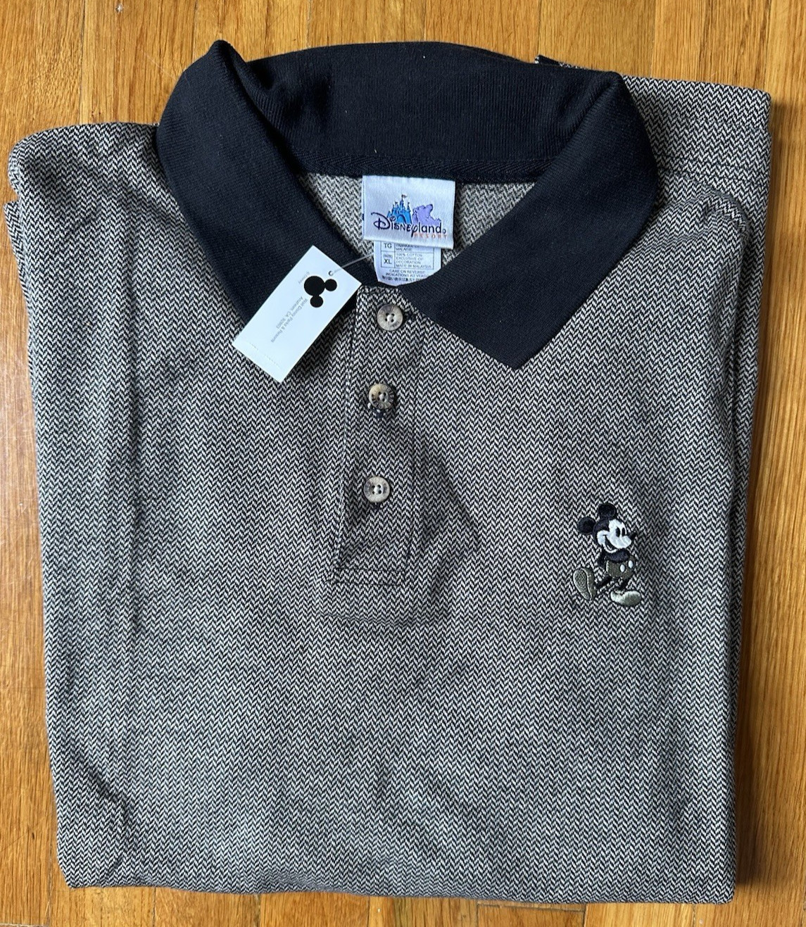 VTG NOS NWT Disneyland Resort Houndstooth Mickey Mouse Black Polo Shirt XL
