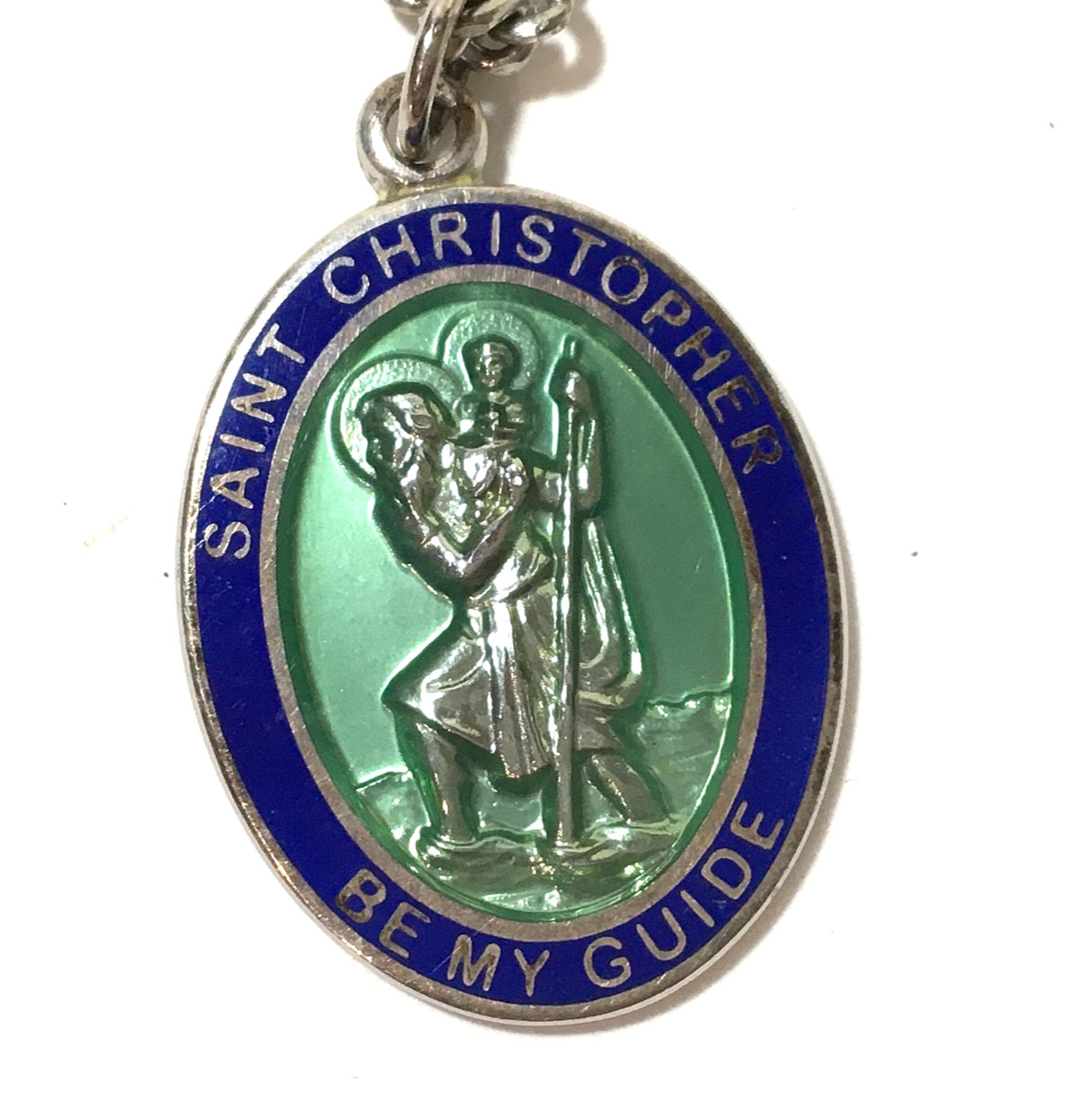 Vintage Sterling Blue Green Enamel St. Christopher Medal Pendant Metal Chain, 1\