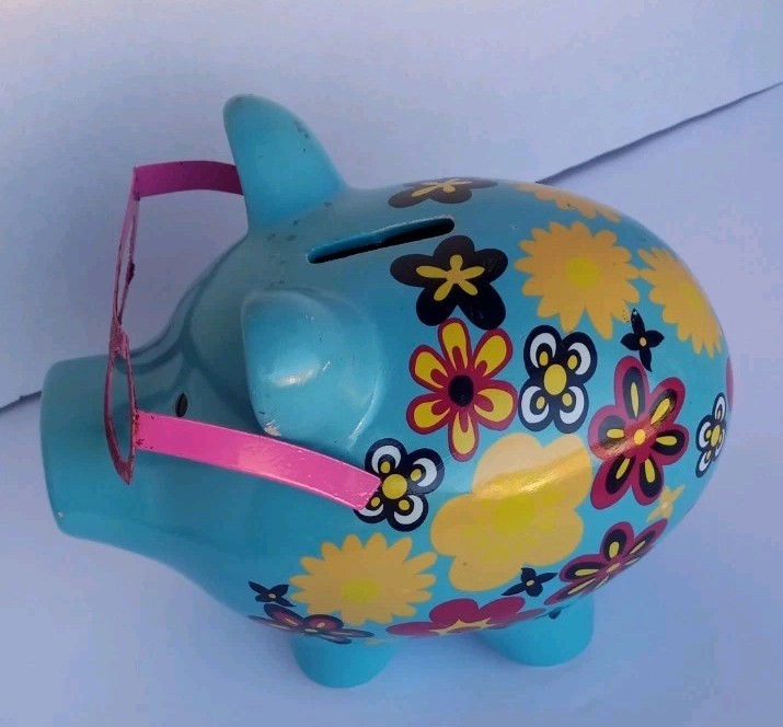 Vintage 1960s 70s Ceramic Flower Power Pig Piggy Bank w Pink Sparkle Glasses