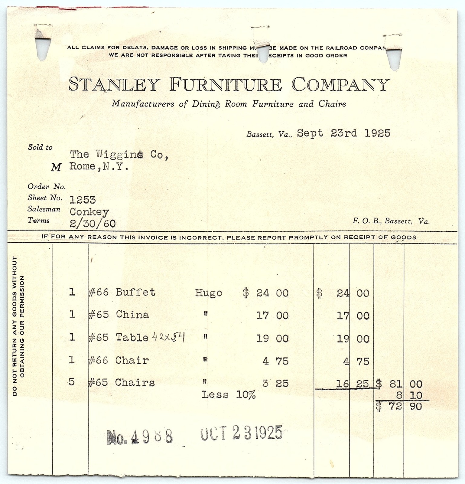 1925 Stanley Furniture Co. Invoice for dining furniture