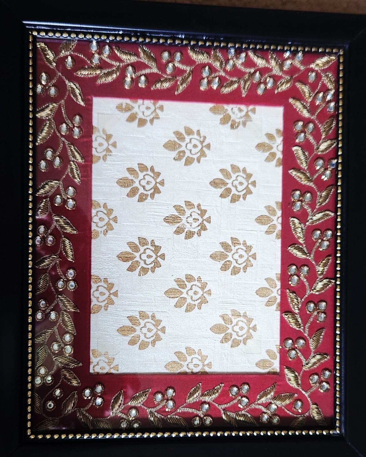 Aaina-Gold Silk Thread & Rhinestones Embroidery Art Work Framed Stunning & Rare