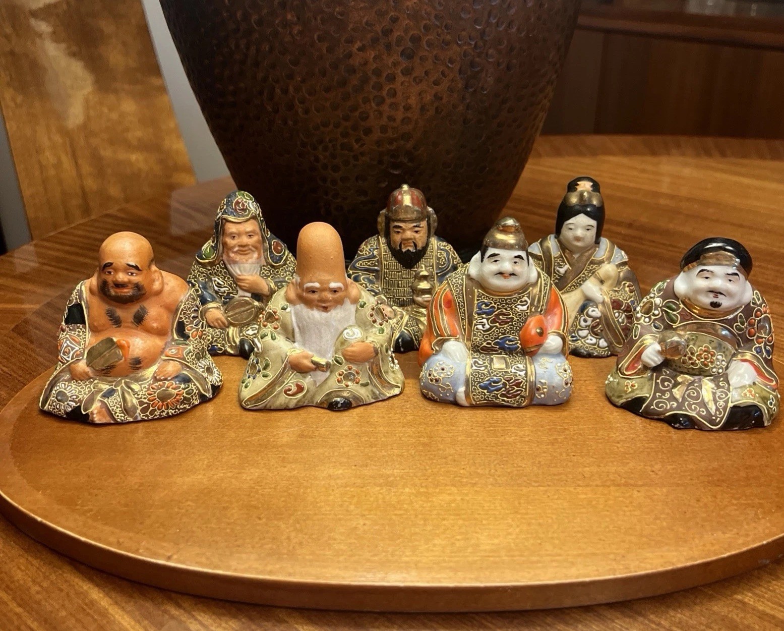 Antique Kutani Moriage Pottery Seven Lucky Gods Enameled | Complete Set Japan