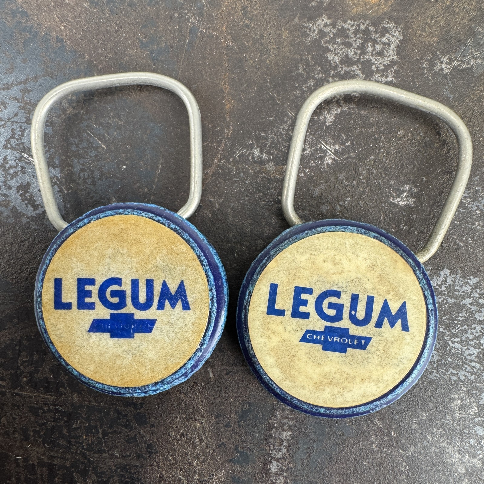 2x Vtg LEGUM Chevrolet - Baltimore, MD - Advertising Keychain / Key Ring