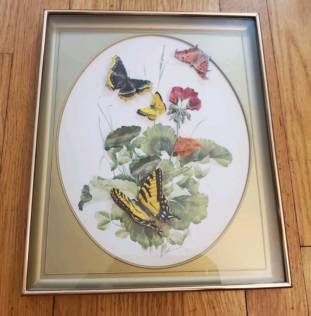 Vintage 3D Paper Tole Butterfly Art Framed Shadow Box Flowers Botanical Gallery