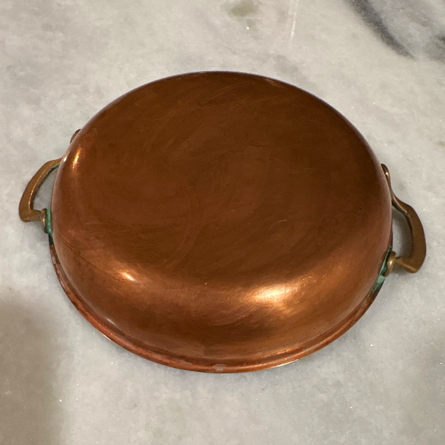 Vintage French Round Copper Au Gratin Pan w/ Brass Handles, 5.5in diameter