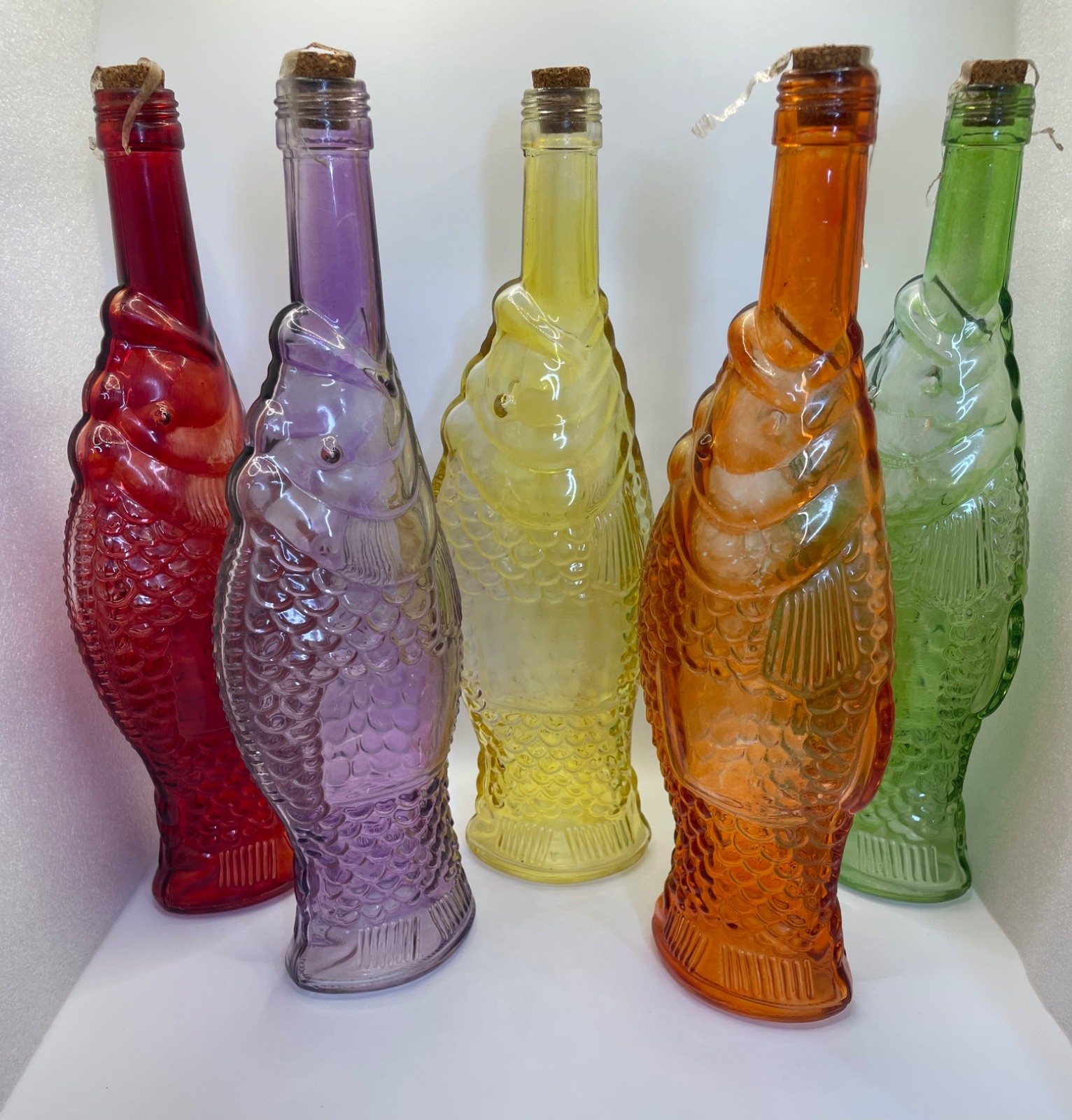 Vintage Fish Shaped 12” Bottles w/Corks•Lot of 5•Orange Yellow Green Purple Red