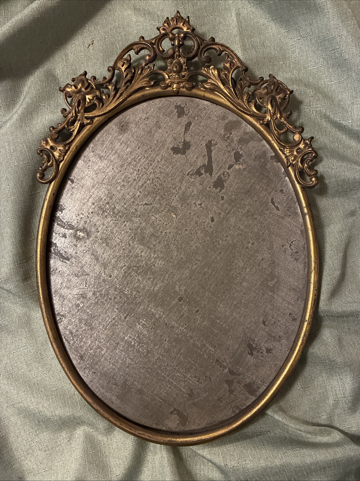 Antique Rococo Revival Oval Gilt Metal Picture Frame Ornate Crest c1900