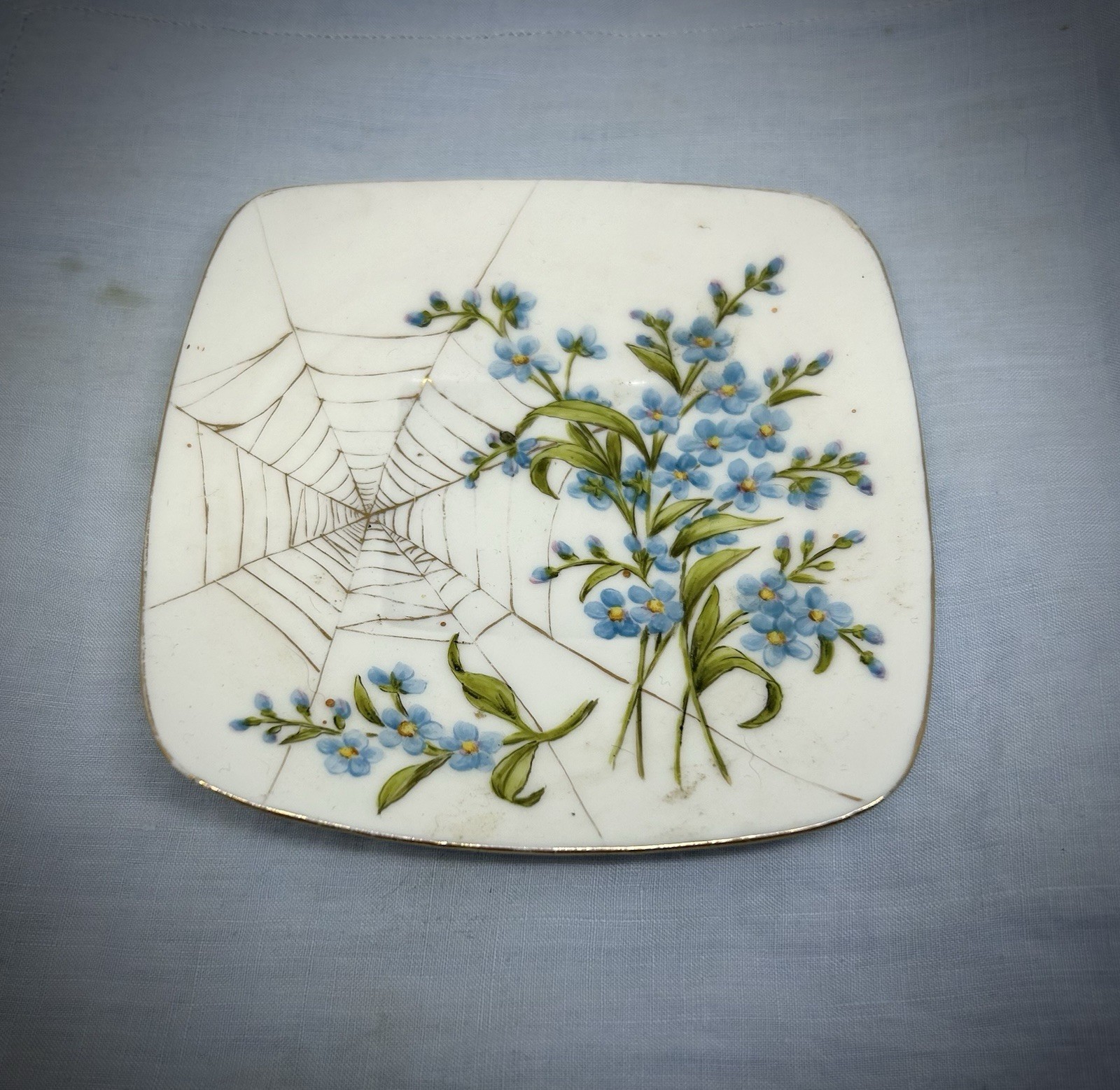 Antique Square Porcelain Plate Gold Spider Web Blue Flowers Julius Dressler 1887