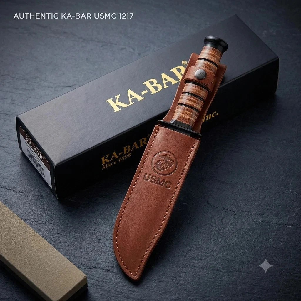 KA-BAR USMC 1217 Straight Edge Fighting Combat Knife Leather Handle & Sheath NEW