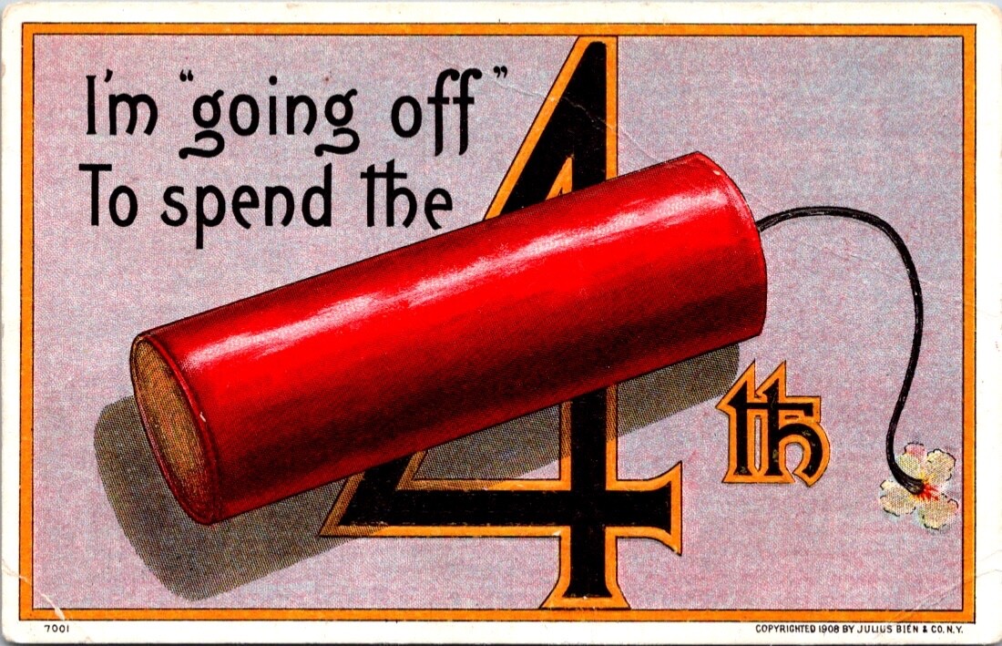 Antique Postcard 4th of July -Im Going Off for the 4th-Firecracker-Julius Bien