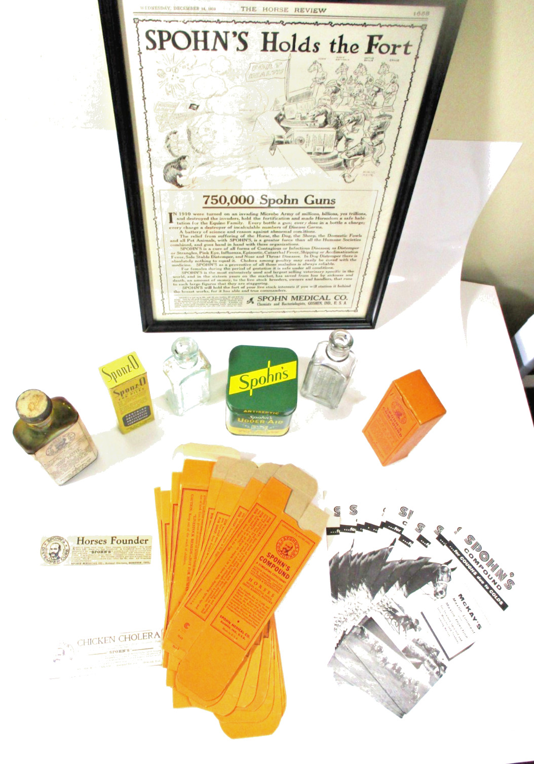 Vintage 1910 Spohn Veterinary “Holds the Fort” Comic Ad 4 Bottles 9 Boxes