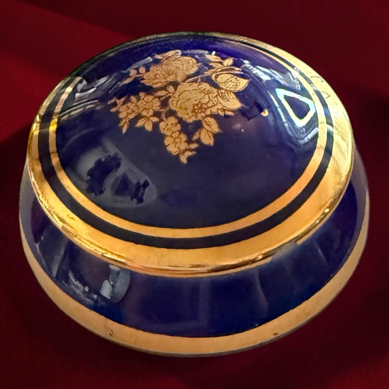 Limoges Pill Box Cobalt Blue Gold Porcelain Trinket Box FM France Vintage