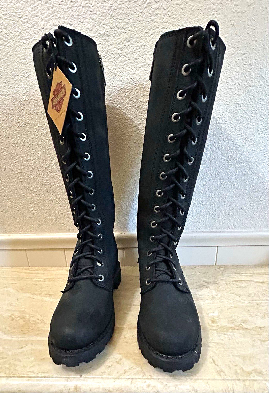 NWT Harley-Davidson Women's Lornell 14” Black Leather Tall Lace-Up Zip Boots 