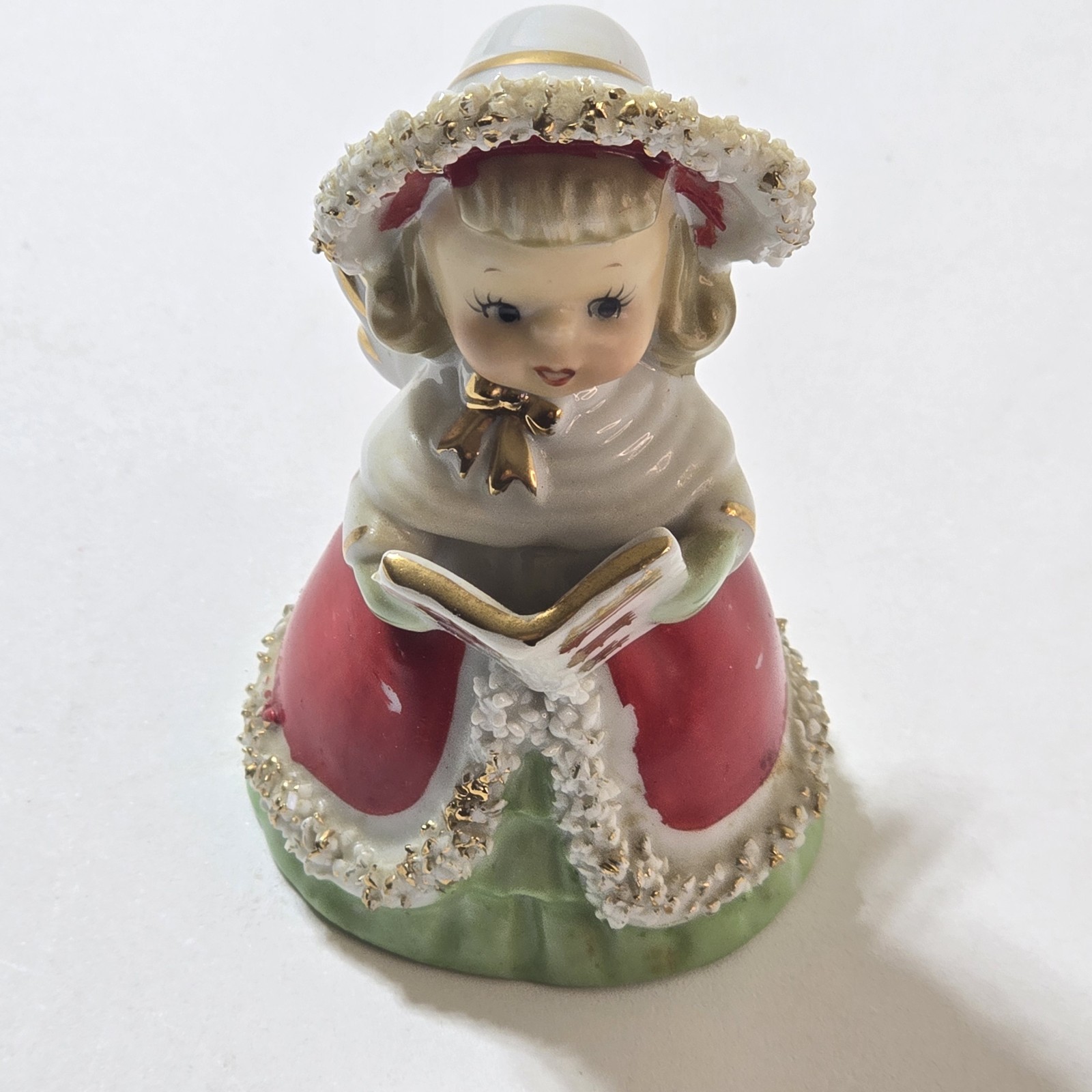 Vtg 1960s Lefton Christmas Angel/Caroler Bell w/Song Book. Spaghetti Trim