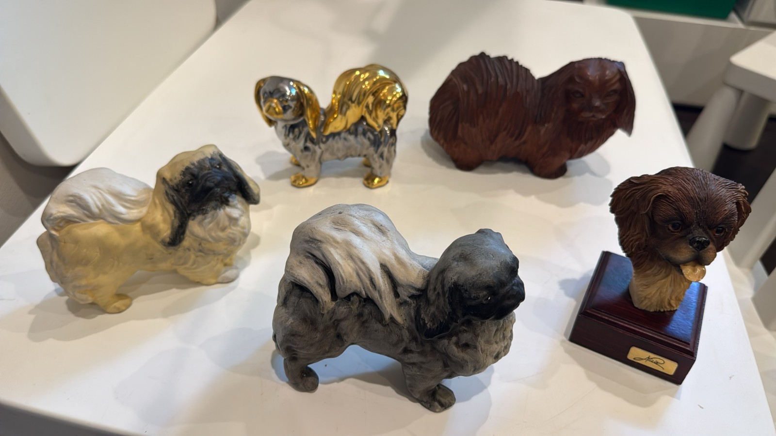 Pekingese Dog Figurine Lot of 5 Large Vintage Ceramic Wood Bust AS IS