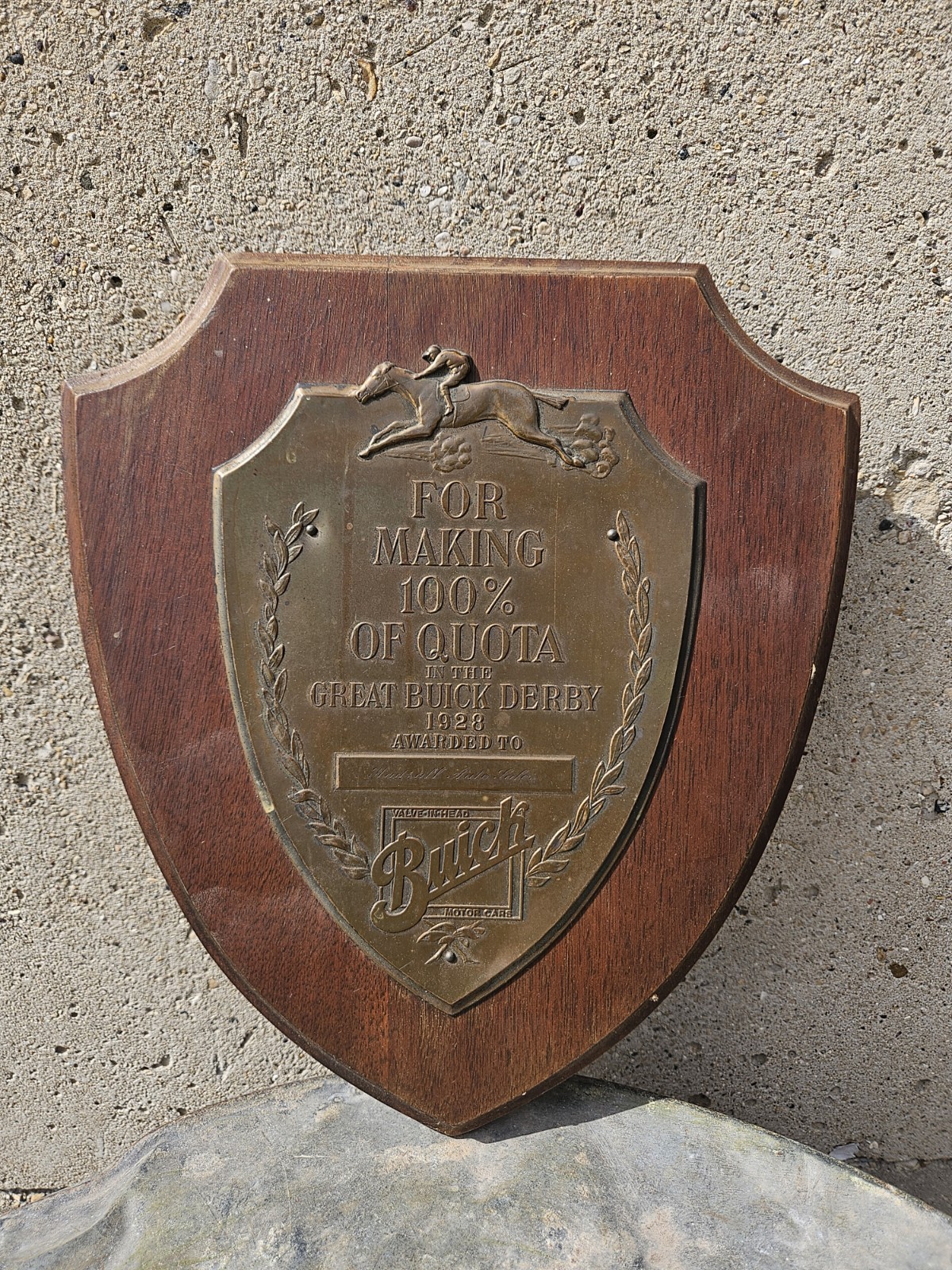 Buick Derby 1928 100% of Quota Award Wood Plaque Shield Buick Motor Cars