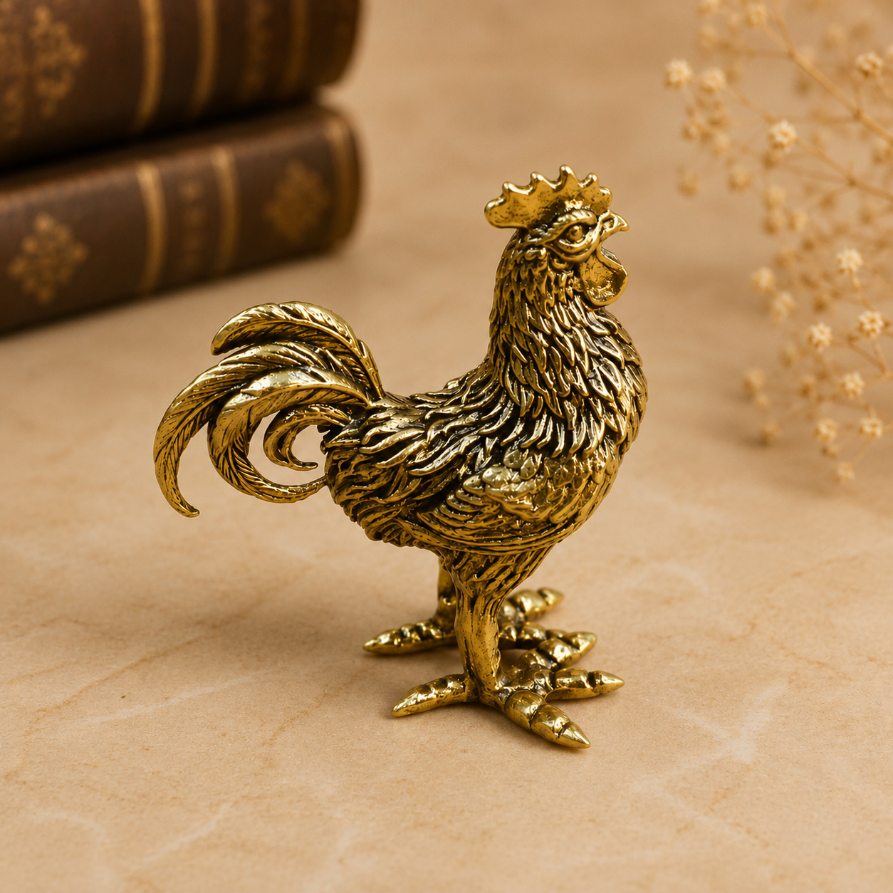 Mini Vintage Brass Rooster Statue Ornament Animal Collectible Desk Decor Farm