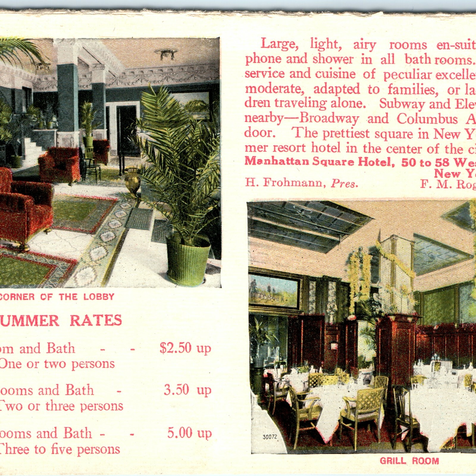 c1910s Manhattan Square Hotel Postcard, New York City, NY Lobby Grill Rates
