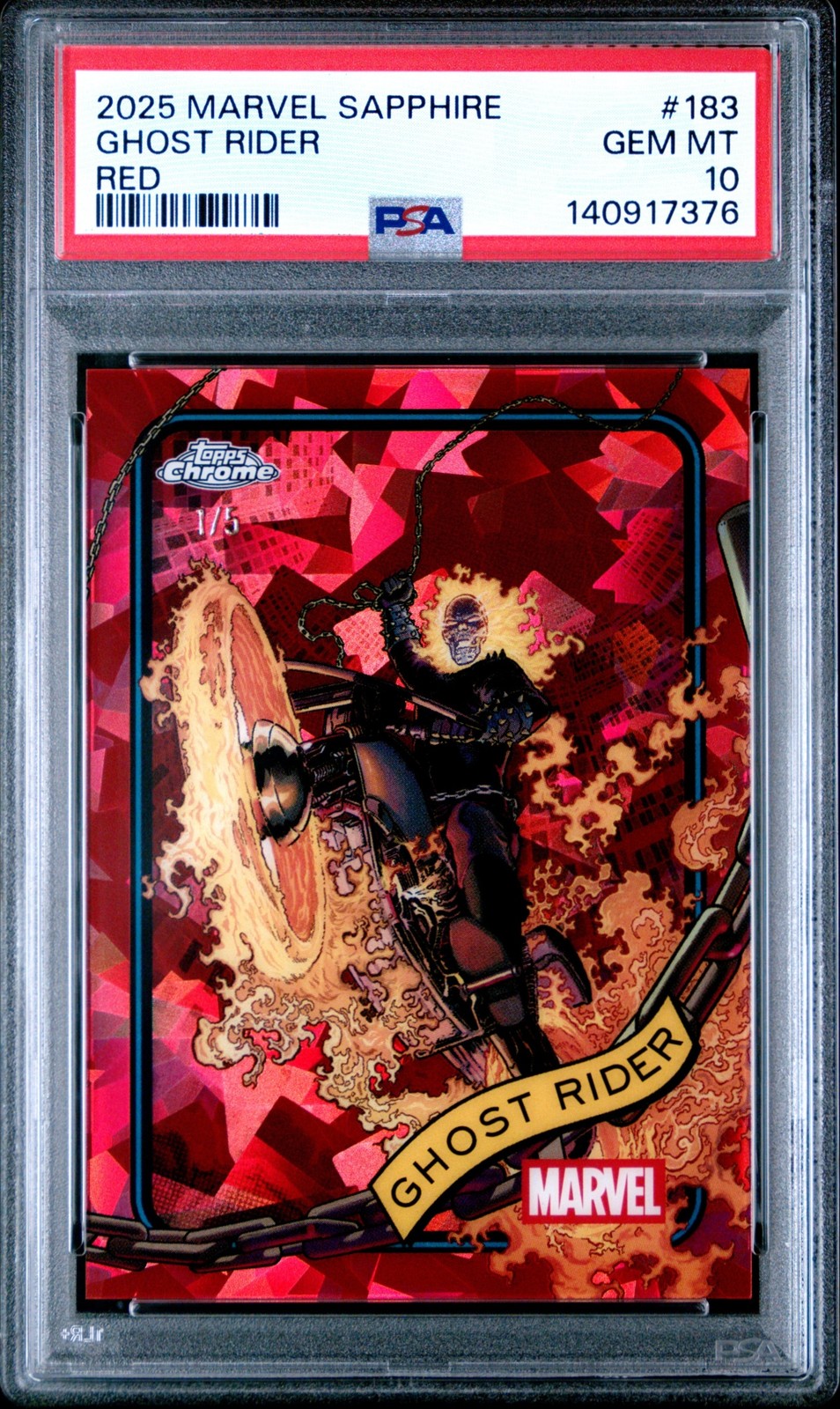 POP1 GHOST RIDER PSA 10 2025 TOPPS CHROME MARVEL SAPPHIRE #183 RED REFRACTOR 1/5