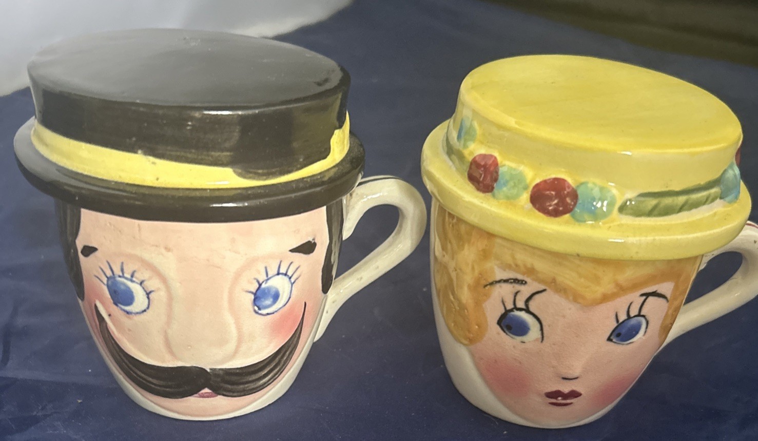 Relco Japan 1960s Ceramic Mom Pop Coffee Tea Cup Set Saucer Ash Tray Vintage