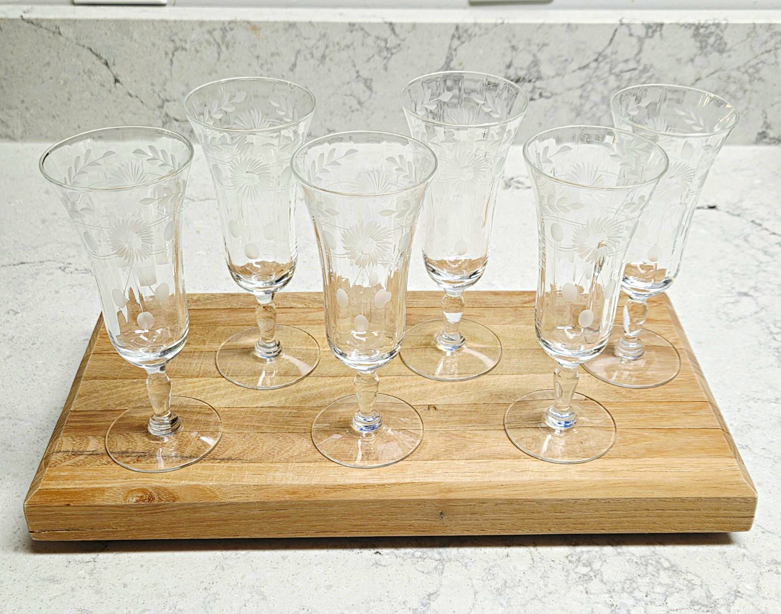 Mid 1900's Vintage Clear Floral Etched Champagne Flutes Set of 6