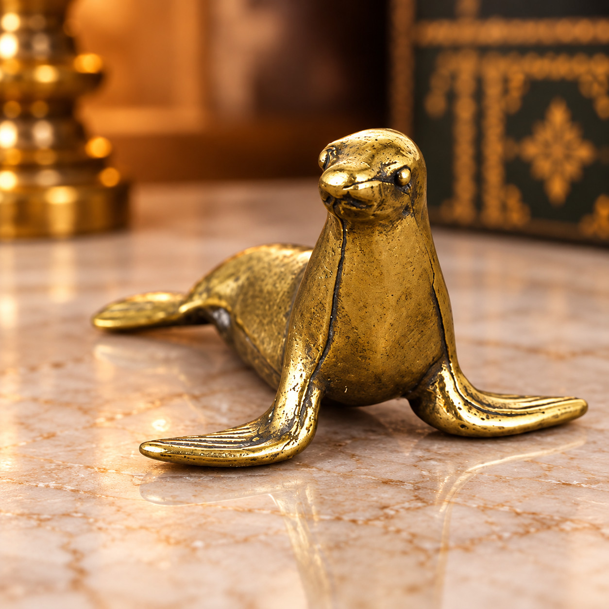 Mini Vintage Brass Seal Statue Ornament Animal Collectible CUTE GIFT DECOR
