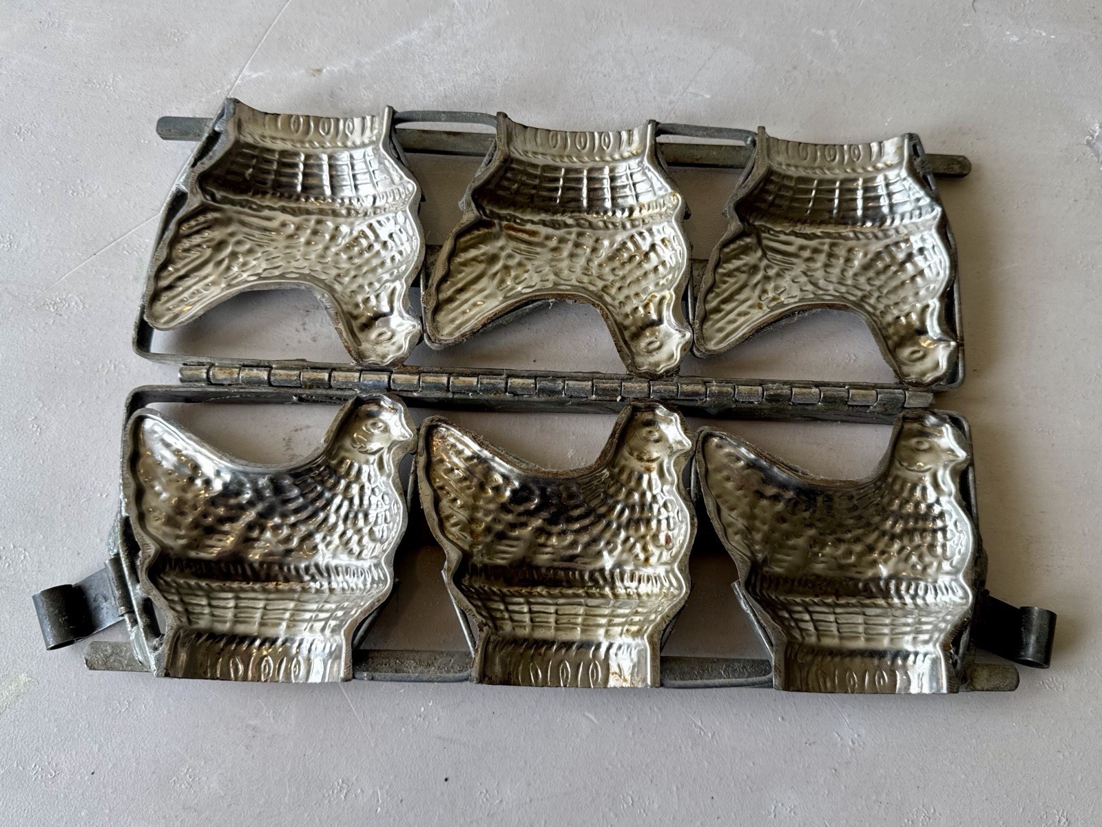 Antique Metal Chocolate Mold Chicken Hen in Basket Easter Multi-Cavity 3-Piece