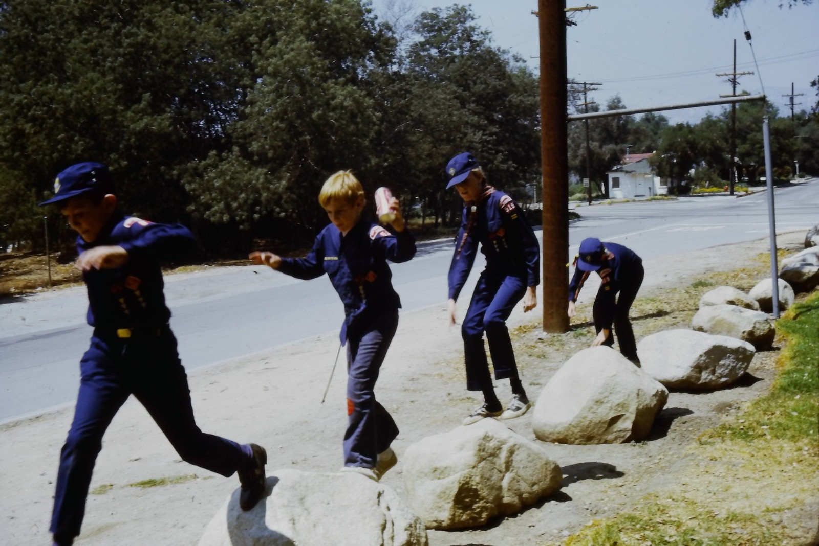 c1960's Kodachrome 35mm Slide, Boy Scouts Playing, Recreation blue mid century