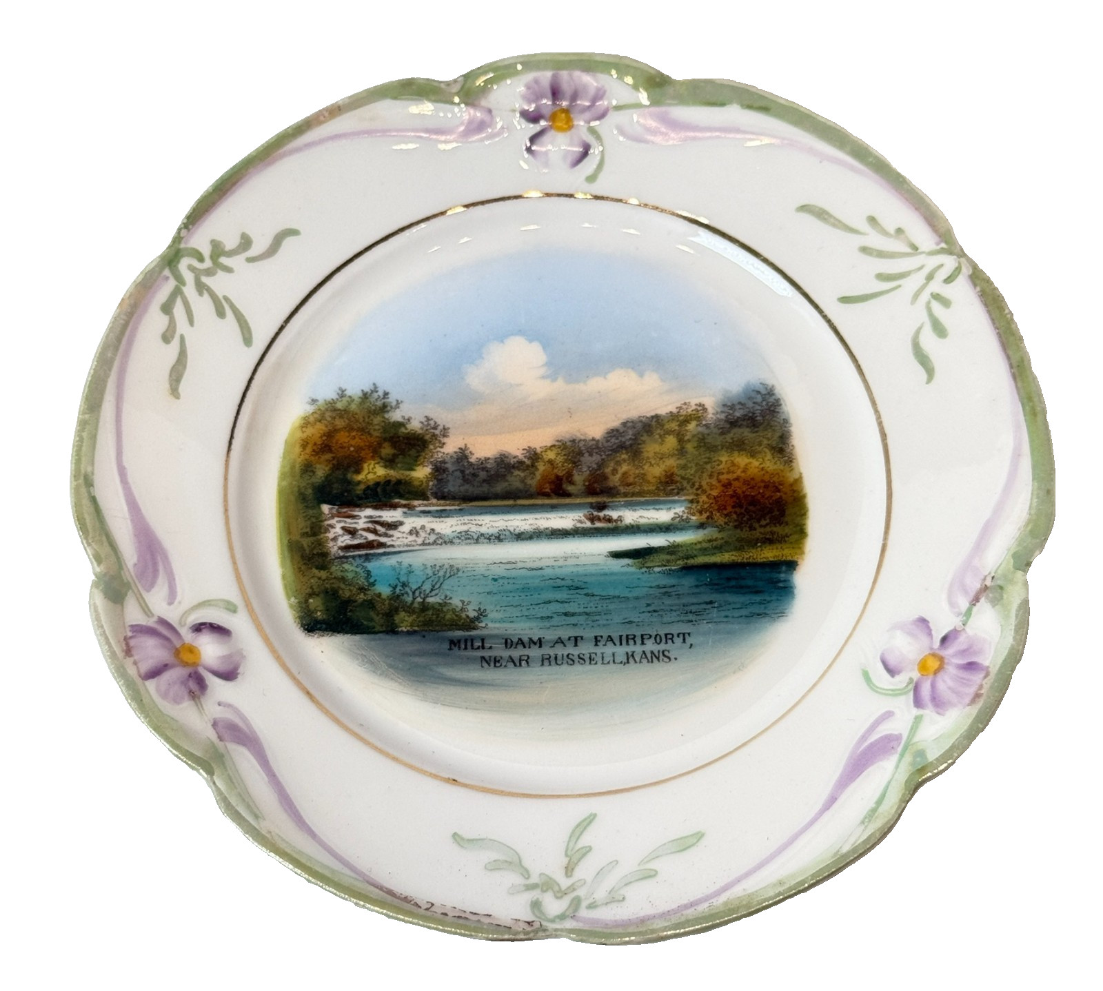 Russell KS KANSAS Fairbanks Dam Antique Souvenir RARE China Dish Plate