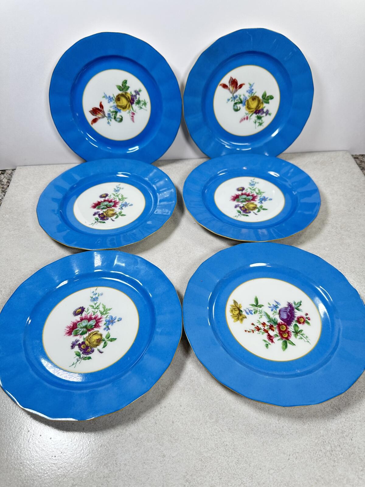 VTG Tressemanes & Vogt Limoges France Blue Gold Floral Medallion Salad Plates 6
