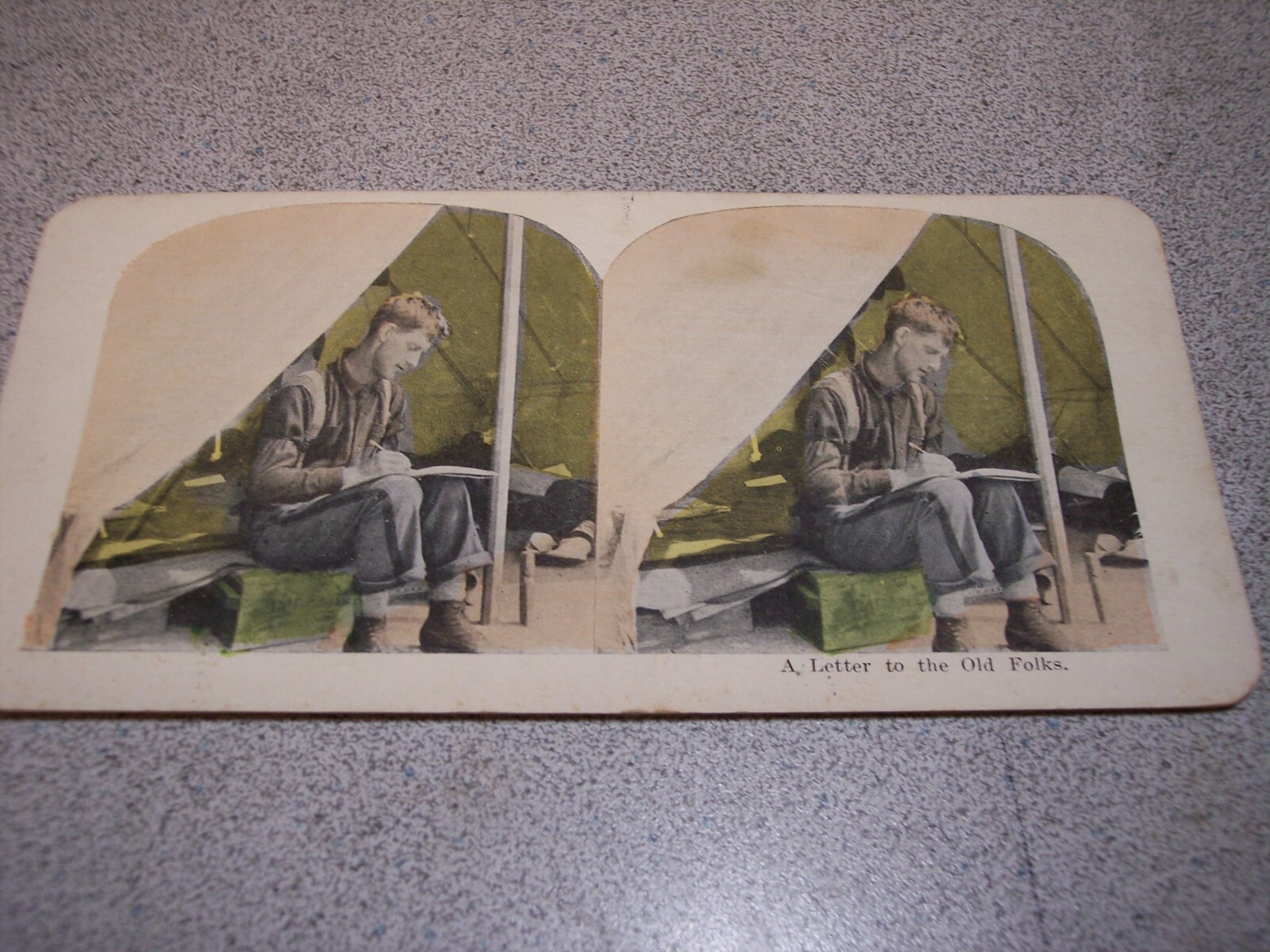 WW I Soldier Writing Home Stereoview 1918 Lithograph Card